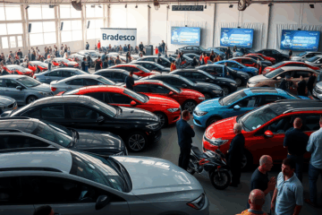 Imagem do leilão de carros recuperados do Bradesco com diversos veículos em exposição.