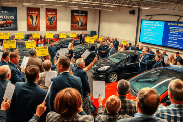 Imagem de um leilão de carros Santander mostrando veículos disponíveis para arrematação.