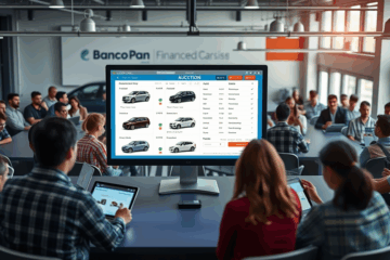 Imagem de um leilão de carros financiados do Banco Pan, mostrando veículos disponíveis para compra.
