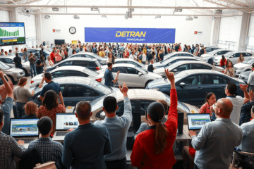 Imagem ilustrativa do leilão de veículos do DETRAN, mostrando carros disponíveis para venda.