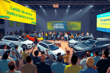 Imagem de um leilão de veículos do Banco do Brasil, destacando oportunidades de compra.