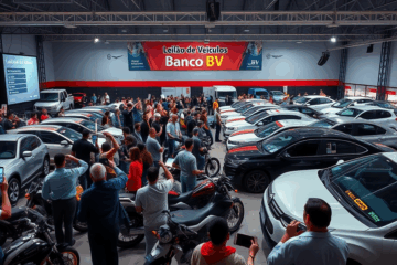 Imagem ilustrativa do Leilão de Veículos Banco BV, mostrando diversos automóveis disponíveis para lances.