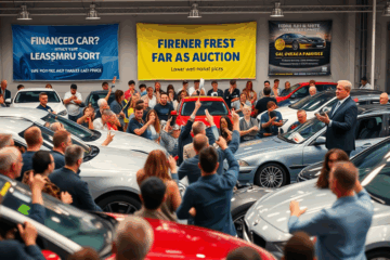 Imagem de um leilão de carros financiados com diversos veículos disponíveis.