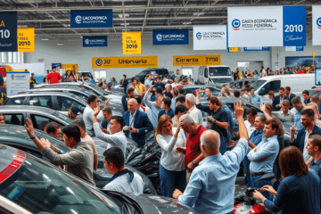 Imagem ilustrativa de um leilão de carros da Caixa Econômica com diversos veículos disponíveis.