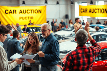 Imagem de um leilão de carros, mostrando diversos veículos disponíveis para compra.