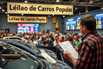 Imagem de um leilão de carros populares, mostrando veículos sendo exibidos para potenciais compradores.