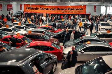 Imagem de um leilão de carros com preços rebaixados, mostrando veículos em destaque e interessados em fazer ofertas.