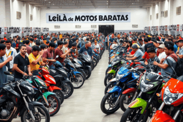Imagem de um leilão de motos baratas, mostrando diversas motocicletas disponíveis para compra.