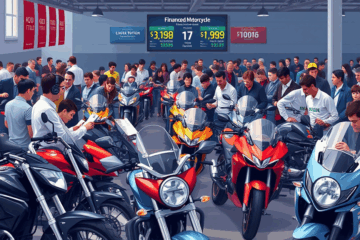 Imagem de um leilão de motos financiadas com várias motocicletas em exibição.
