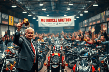 Leilão de motos com leiloeiros em ação apresentando motocicletas para venda.