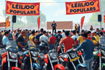 Imagem de um leilão de motos populares com diversas opções de modelos e marcas disponíveis.