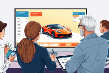 Imagem representando o processo de leilão de veículos online, mostrando pessoas participando de um leilão virtual.