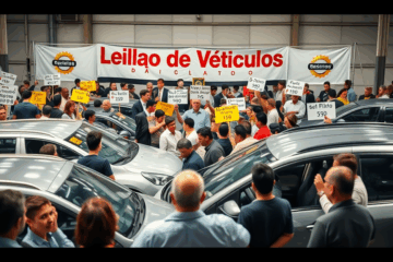 Imagem de leilão de veículos baratos mostrando carros disponíveis para oferta.