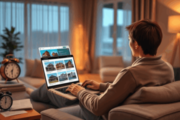 Imagem de um leilão de imóveis online, mostrando uma casa e um computador com uma tela de lances.