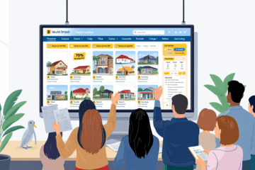 Imagem ilustrativa sobre o leilão de imóveis do Banco do Brasil, mostrando uma casa e informações sobre como comprar.