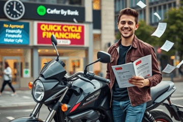 Imagem representativa do financiamento rápido para motos usadas mostrando uma moto e documentos financeiros.