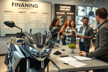 Imagem de uma moto nova com informações sobre financiamento