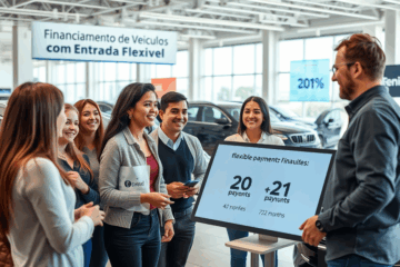 Imagem ilustrativa sobre financiamento de veículos com entrada flexível, mostrando um carro novo e condições de pagamento adaptáveis.