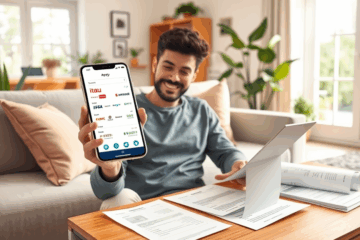 Imagem representativa do financiamento de veículo online, com elementos como carros e aplicativos de simulação.