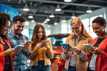 Imagem ilustrativa do financiamento de veículos sem burocracia, mostrando um carro novo e um computador.